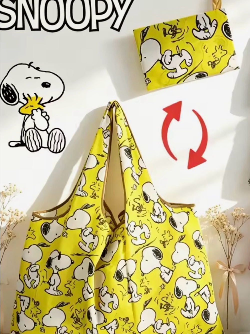 Yellow Snoopy Print Reusable Tote Bag BIG - Picture 4 of 4